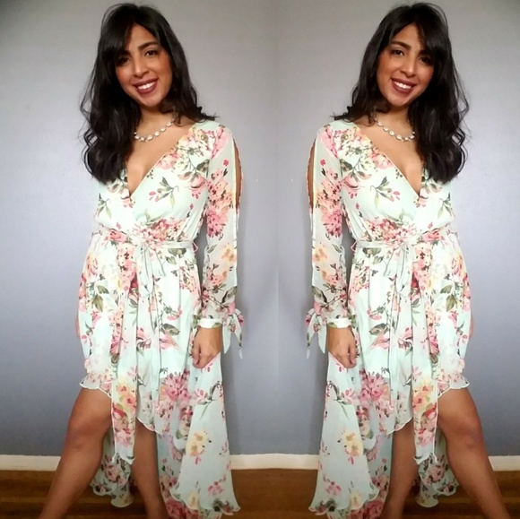 Dresses & Skirts - 💕20%OFF💕MINT GREEN PINK FLORAL HIGH LOW DRESS